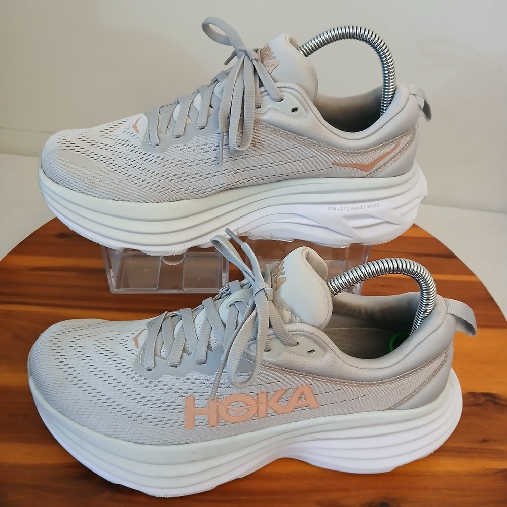 Hoka Bondi 8 Womens 8.5 Grey Rose Gold Running Shoes Sneakers 1127952 HMLR